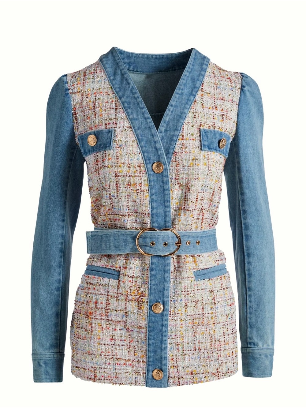 Boston Proper Light Blue Denim-Trim Tweed Jacket with Belt